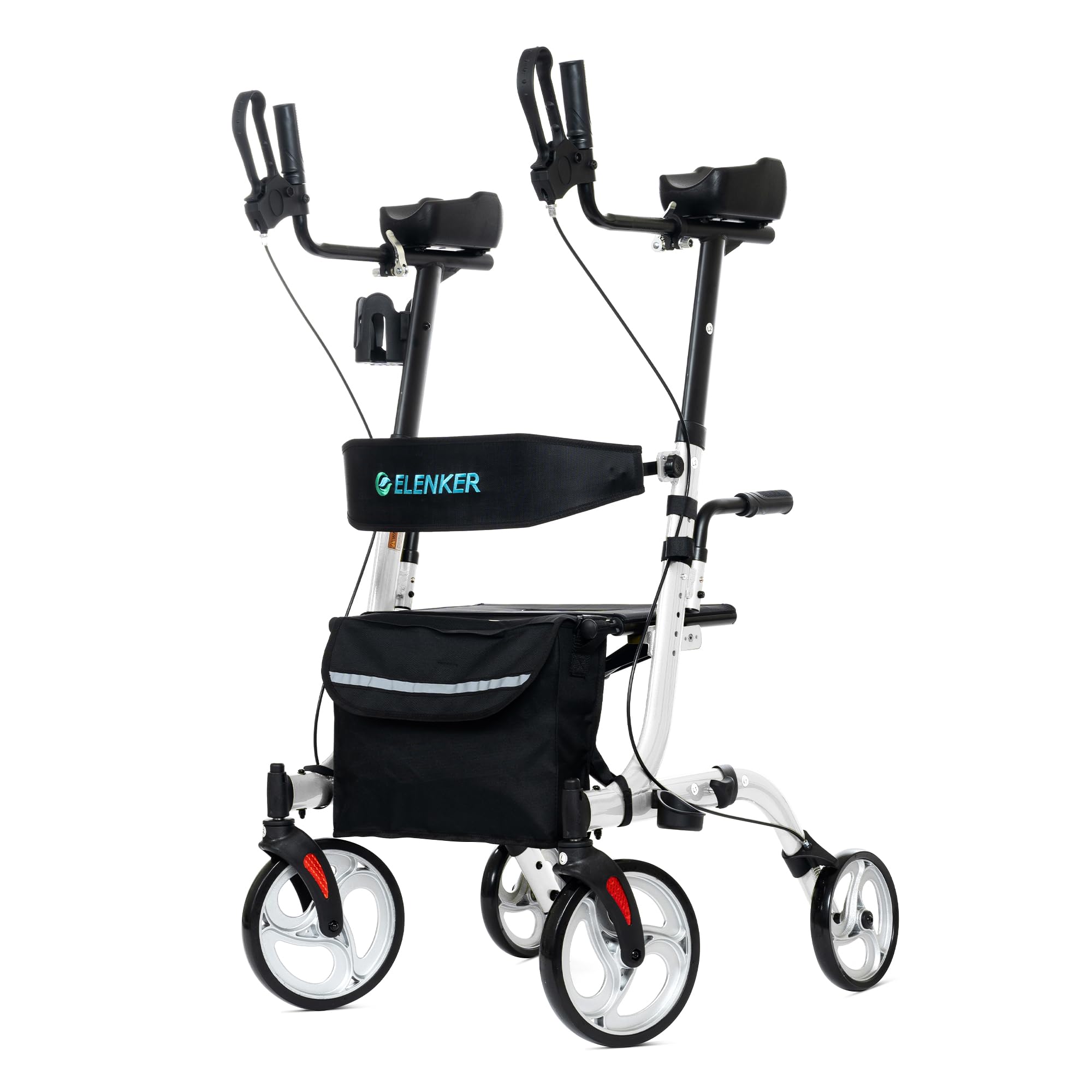 ELENKER Upright Walker, Stand Up Folding Rollator Walker Back Erect Rolling Mobility Walking Aid with Seat, Padded Armrests for Seniors and Adults, White