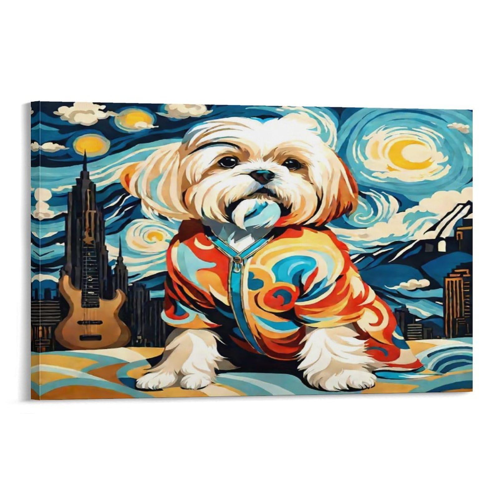 CPLVKWRQJ Shih Tzu Puppy Among Red Flowers 1 Piece Shih Tzu before Starry Night City Art Framed Canvas Print - Living Room Focal Point Fade Resistant Ready to Hang Wall Art 20x30inch(50x75cm)