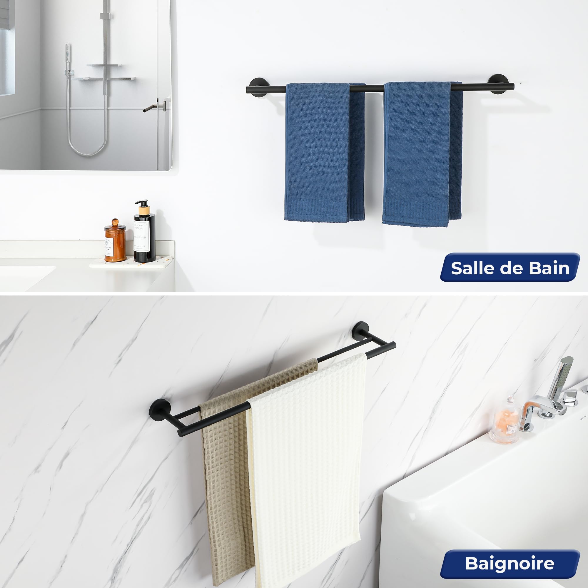 SAYAYO Porte Serviette Mural Double Barres Salle de Bain, Noir Mat 70CM