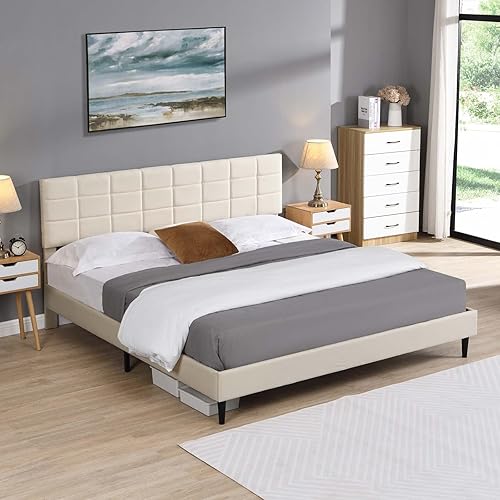 TMEOSK Base de cama de plataforma tamaño Queen con cabecera tapizada de tela y listones de madera no necesita somier fácil montaje para niños niñas