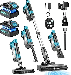 700W Cordless Vacuum Cleaners for Home with 2*Battery 8000mAh, 60kPa Brushless Rechargeable Stick Vacuum with 3 Mode, 6 In 1 Portable Handheld Cordless Vacuum for Pet Hair /Hardwood Floor/Carpet /Dorm