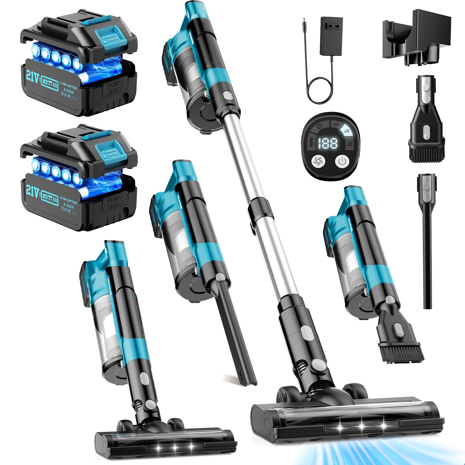 700W Cordless Vacuum Cleaners for Home with 2 Battery 8000mAh 60kPa Brushless Rechargeable Stick Vacuum with 3 Mode