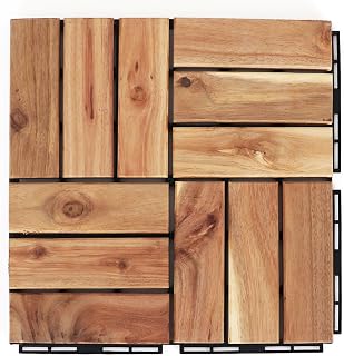 Deck Tiles - Patio Pavers - Acacia Wood Outdoor Flooring - Interlocking Patio Tiles - 12"x12" (20 Pack) - Natural Acacia Finish - Checker Pattern Decking