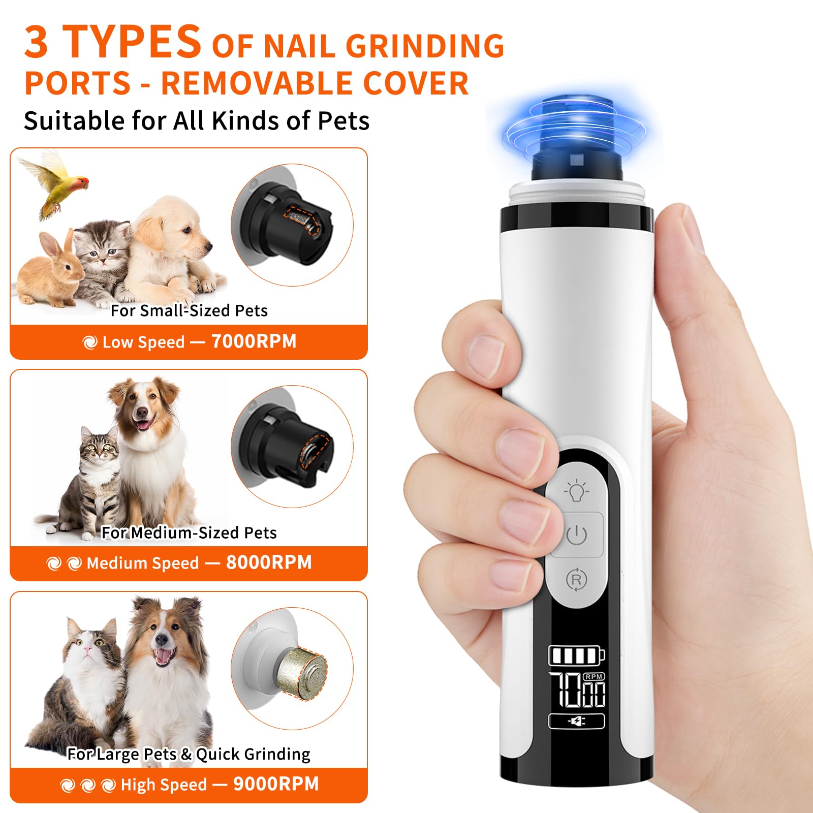 2026 Upgraded Silent Dog Nail Grinder, 3-Speed Powerful Electric Pet Nail Trimmer, Indoor cat Nail Trimmer,Rechargeable with 2 LED Lights/Grinding Wheels for Small, Medium, and Large Dogs and Cats - image 7
