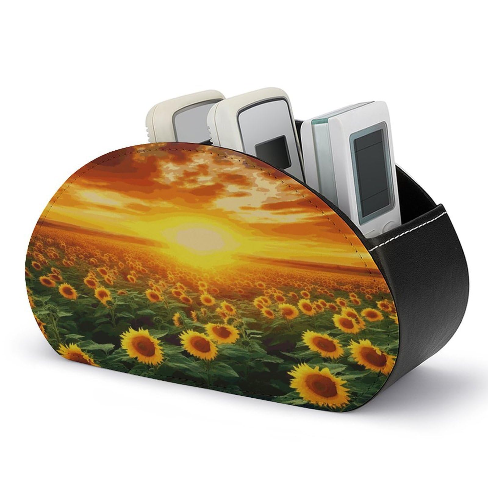 JTREHY Dreamlike Sunset Of A Sunflower Field Remote Control Holder 5 Compartments Remote Caddy Tray PU Leather TV Remoter Storage Box Bedside Table Storage Organizer Office Desk Storage Case