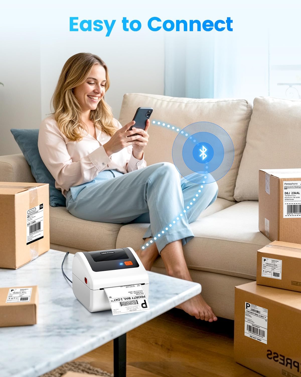 Bluetooth Thermal Label Printer 4x6, Shipping Label Printer for Small Business - Compatible with Android, iOS, Windows and Mac, Widely Used for Amazon, Etsy, Shopify, USPS, UPS, White