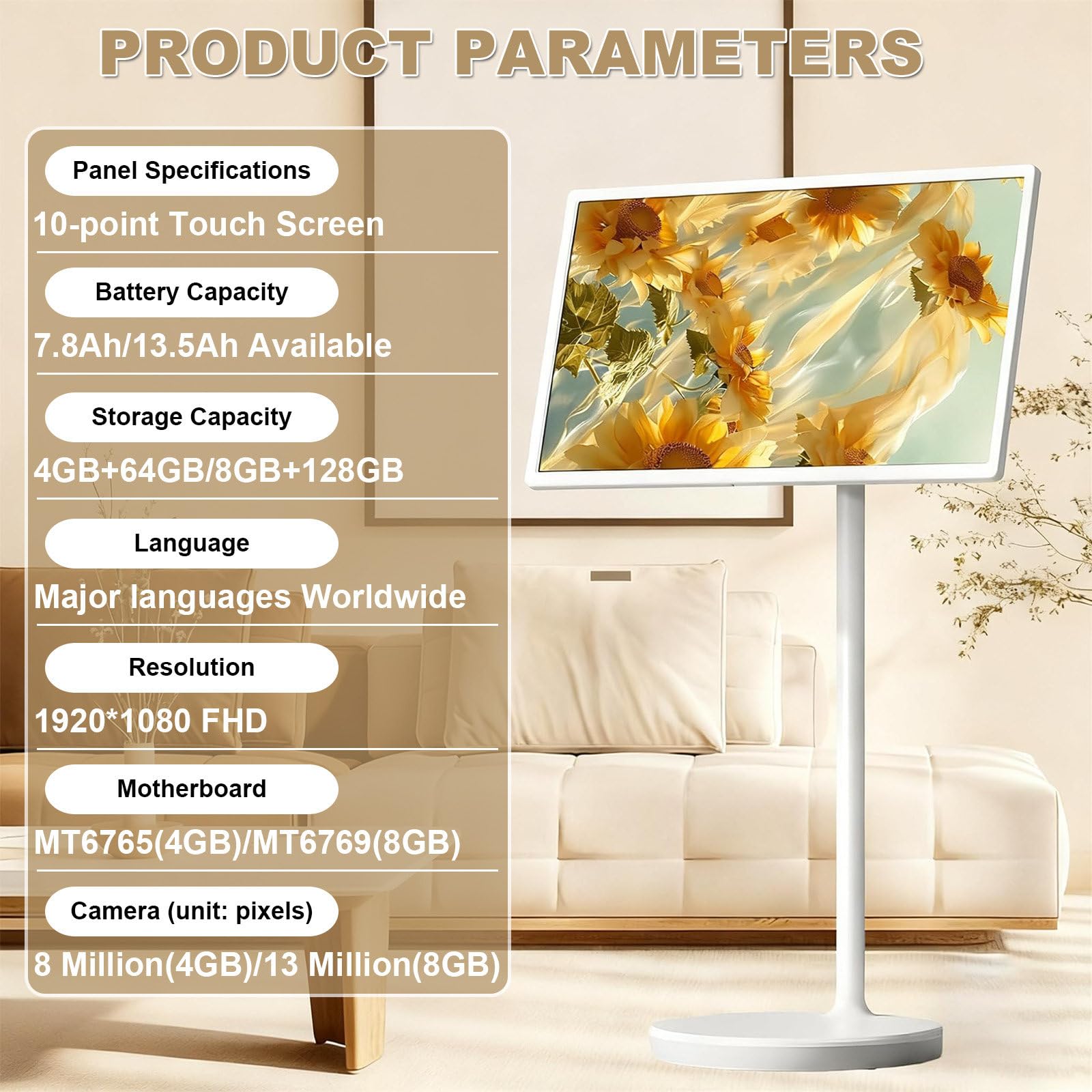 Draagbare Smart-Tv, 27-Inch Full Hd-Touchscreen,Draagbare Touchscreen-Monitor,Met Wielen En Afstandsbediening,7 Uur Batterijduur,Draadloos/Bekabeld Schermspiegelen,Slim Roterend Display 4+64GB