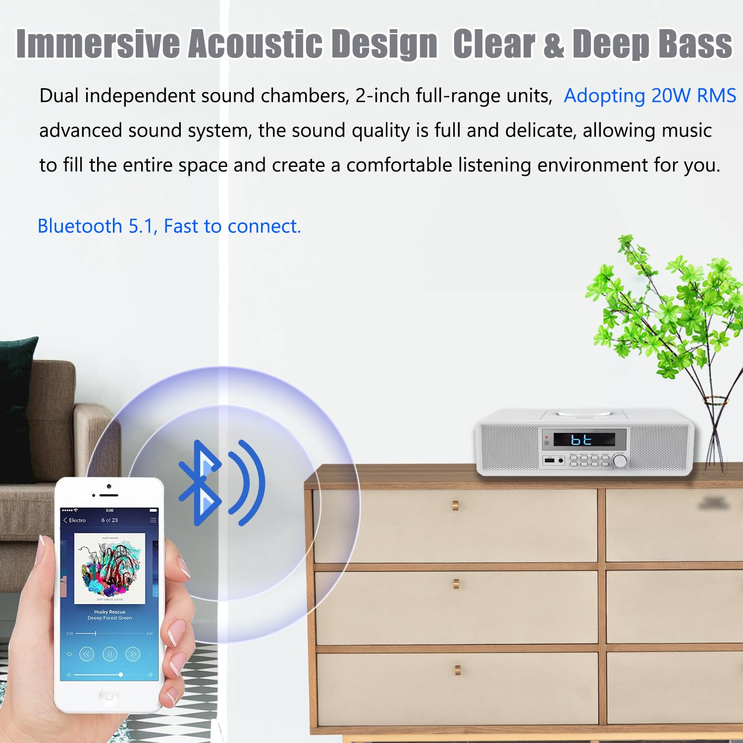 Radio Compatta con Lettore CD, Sistema Audio 20 W RMS, Bluetooth, USB, MP3, AUX, Sveglia Digitale