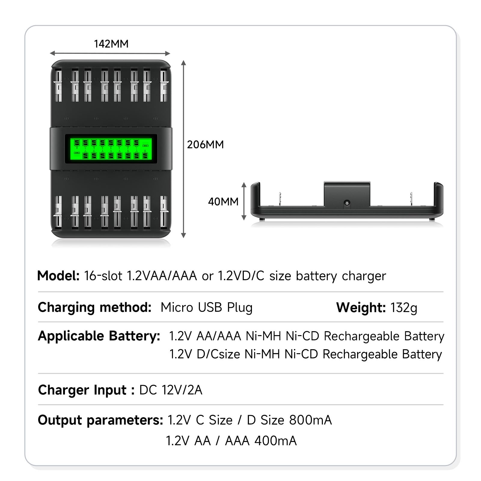 Chargeur de batterie universel AA AAA C D 16 baies, écran LCD Chargeur universel rechargeable pour piles 1,2 V AA AAA C D