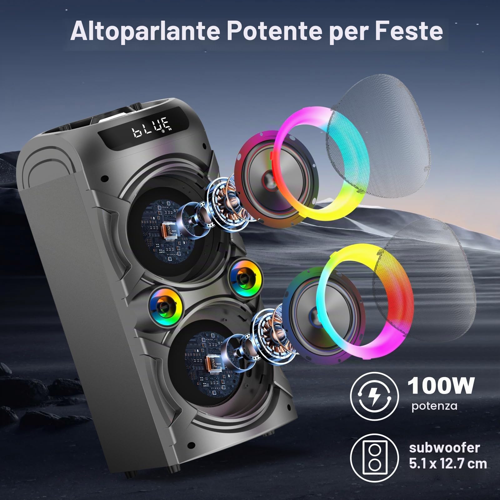 Altoparlante Bluetooth portatile 100 W Big Potente Boombox Wireless TWS Accoppiamento Suono Stereo Forte Bassi Profondi Grandi Altoparlanti per feste con Subwoofer Luci LED per Outdoor Casa Campeggio