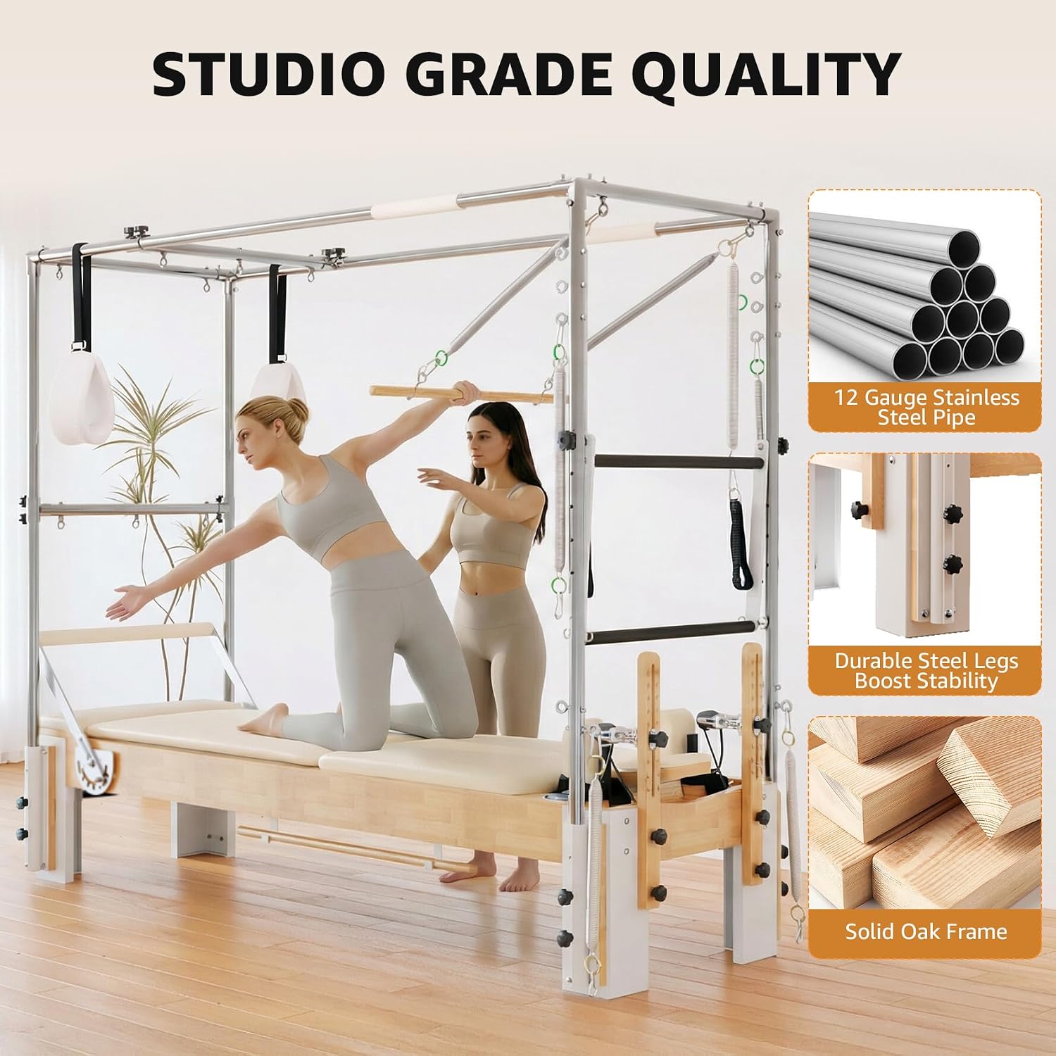 Professional Oak Wood Pilates Reformer Machine for Home Use & Studio, Pilates Equipment for Full Body Workout, Stability Training, Includes Jump Board, Sitting Box, and Accessories