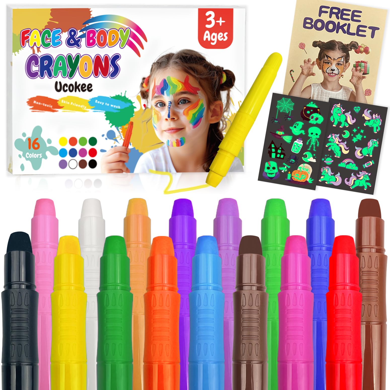 Ucokee 16 Colores Pinturas Cara Para Niños, Seguridad No TóXica Pintura Facial, Lavable, Crayones De Maquillaje Ideal Para Halloween, Cosplay Fiesta Y Party, Navidad, Pintura Corporal Embarazadas.
