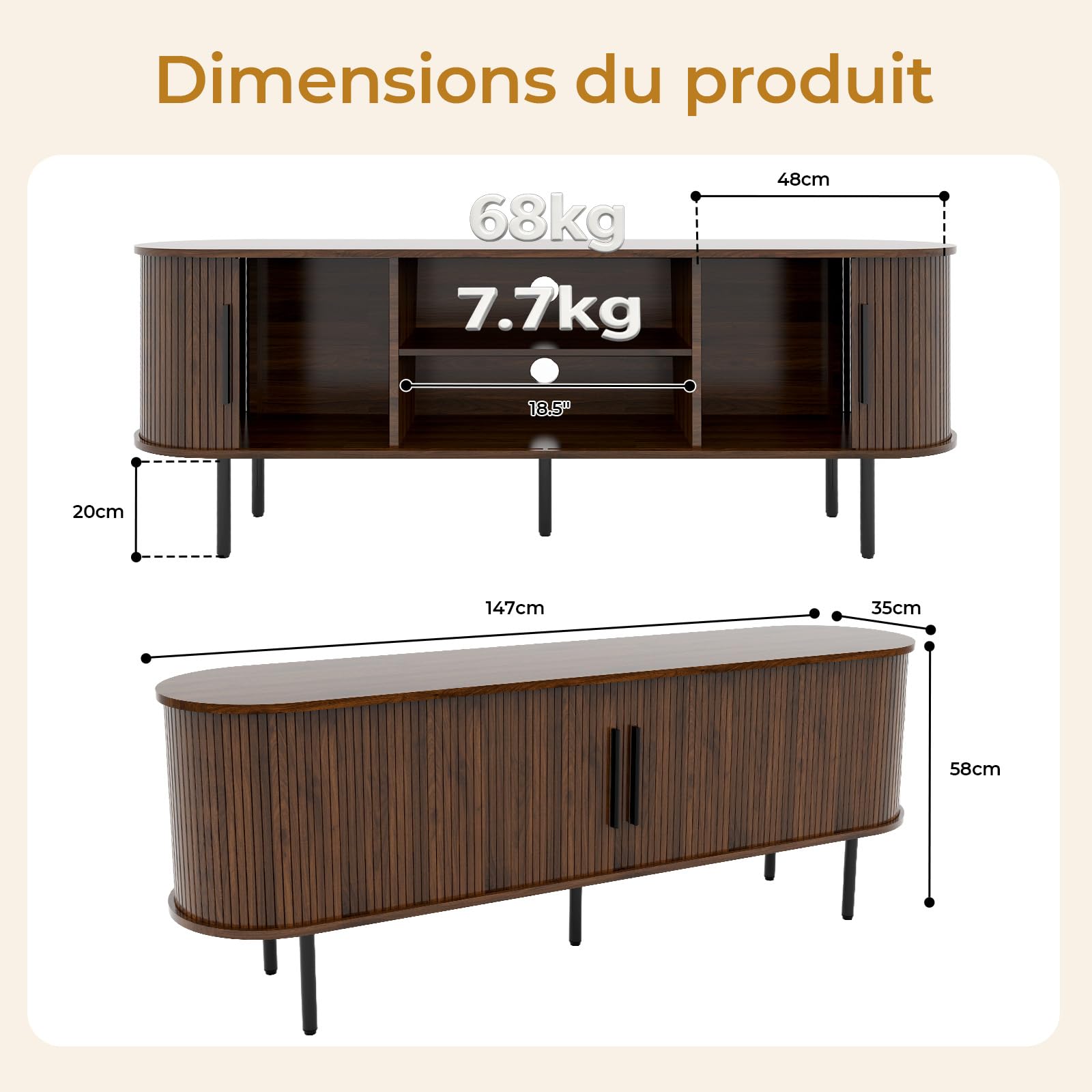 LEADZM Meuble TV avec 2 Portes Coulissantes Étagère Ajustable pour Salon et Chambre à Coucher, Style à lamelles Verticales, 147 x 35 x 58 cm (Noyer)