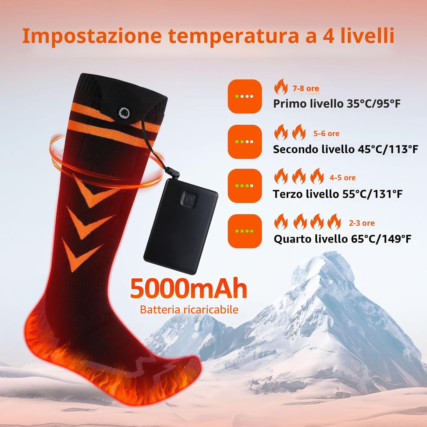 Calze Riscaldate a Batteria, 5000mAH Calzini Scaldapiedi Con controllo dell'app, USB Riscaldati Scaldapiedi Elettrico con 4 Impostazioni di Riscaldamento per Sport All'Aperto e Sci