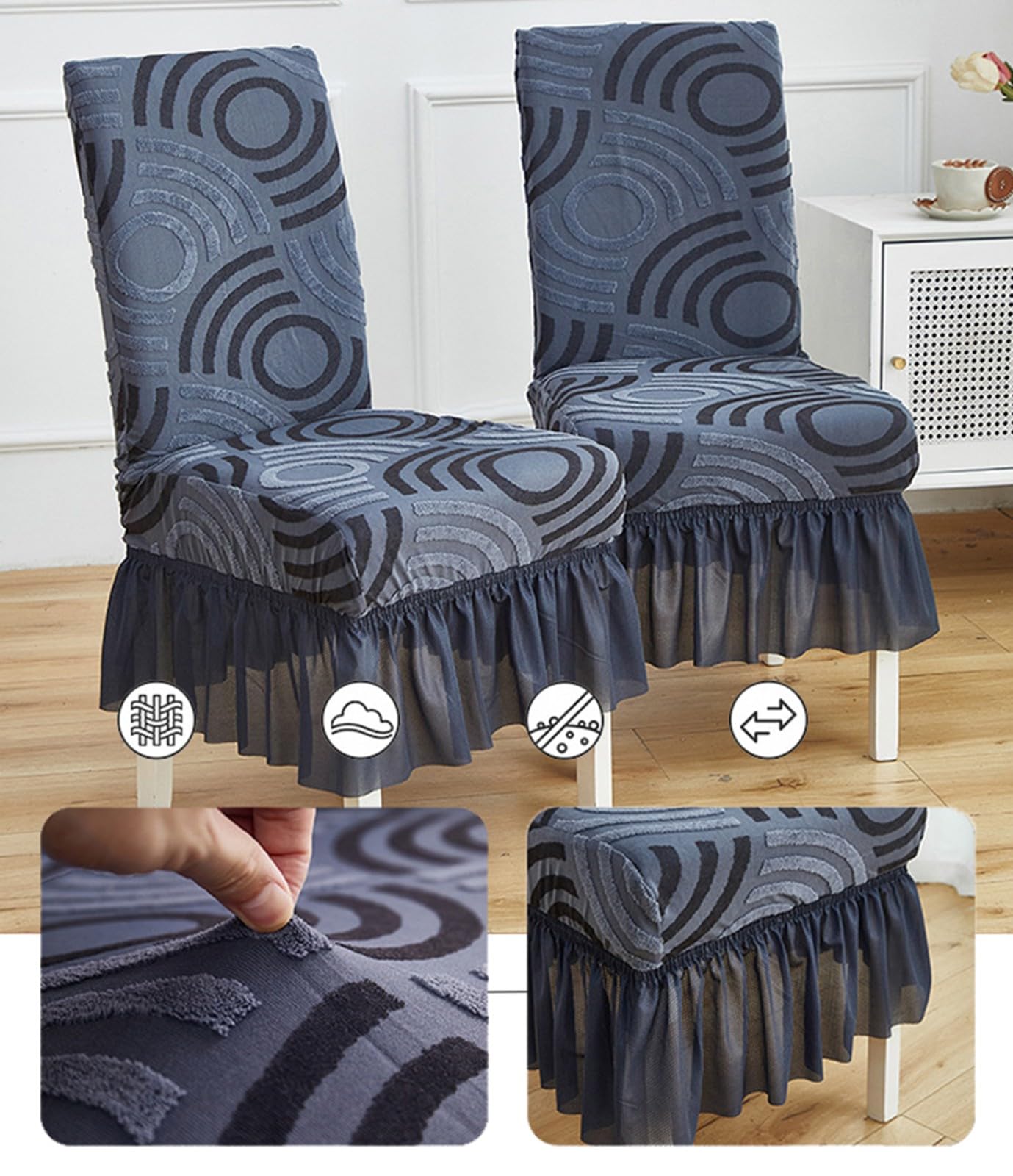 Fundas para Sillas de Comedor con Faldón,Funda Silla de Comedor Pack de 2/4/6 | Elásticas Suaves Lavables Fundas para Sillas de Cocina con Borde Elástico(Beige,6Pcs)