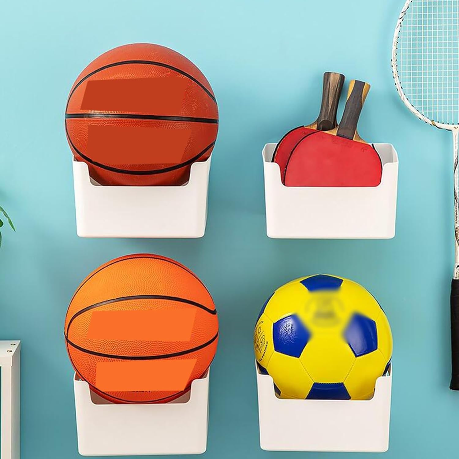 4 PC Basketball Holder Wall-Mount Rack for Home Gym & Dorm - Indoor Volleyball & Soccer Ball Storage Organizer - Space-Saving White Design