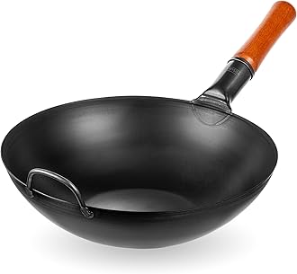 YOSUKATA Carbon Steel Wok - 13.5" Fry Pan - Flat Bottom Wok - Traditional Japanese Wok - Black Carbon Steel