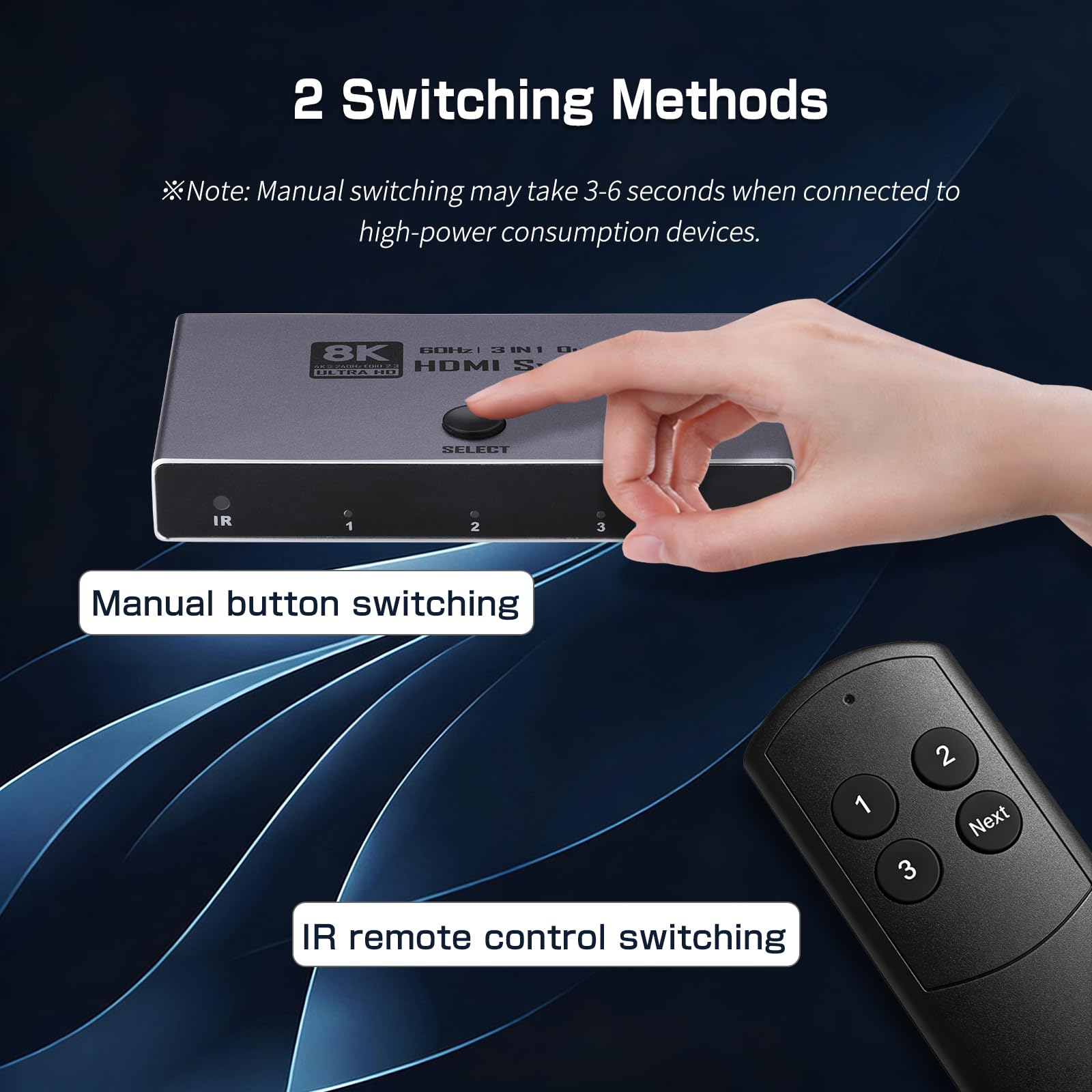 Enbuer Switch HDMI 2.1 8K, commutatore HDMI 2.1 3 in 1, supporta CEC 8K@60Hz, 4K a 240Hz, 1080P@4800Hz, HDCP 2.3 HDR 3D Dolby Atmos VRR Compatibile con PS5 Xbox Blu-Ray Player con telecomando IR