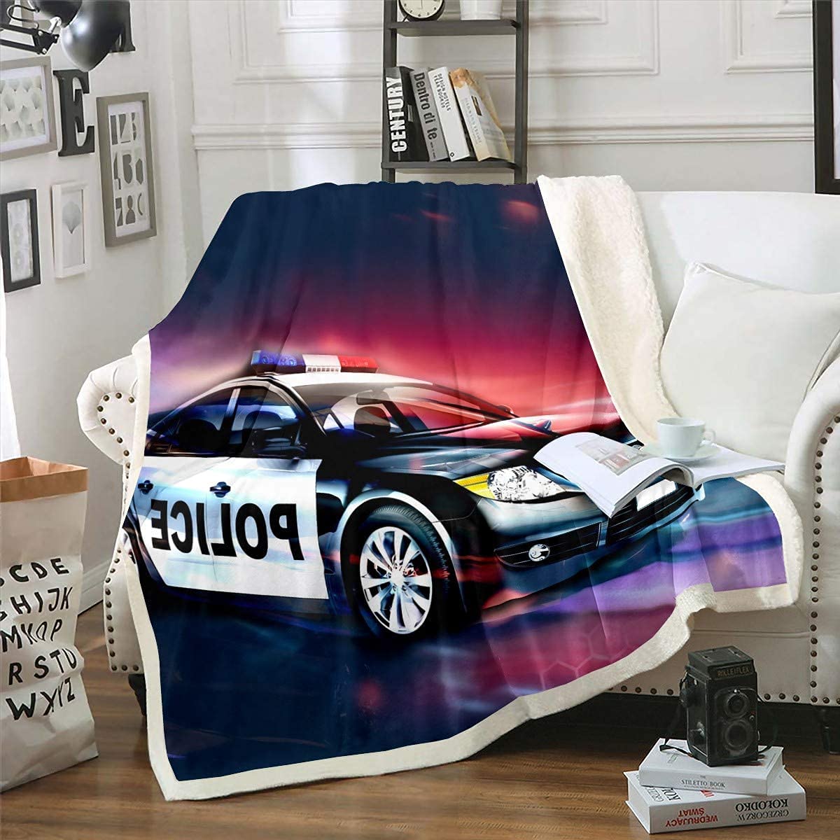 Homemissing Polizei Auto Decke 150x200cm Polizist Kuscheldecke für Schlafsofa CouchSofa Kinder Das Polizei Fahrzeug Flanell Fleecedecke Automobil Auto Sport Wettbewerb Wohndecke Schlafzimmer Dekor