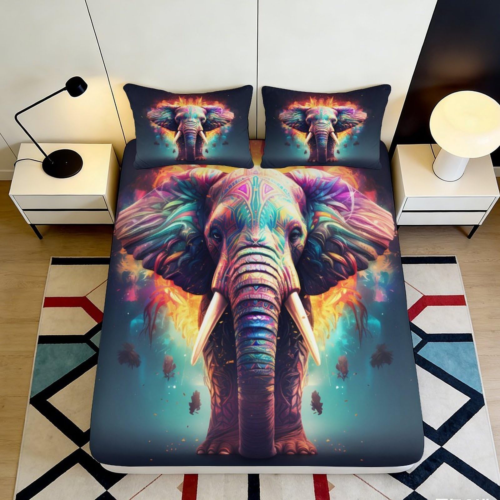 Tjiqhvmrn Style-4 3D Printed Colour Elephant Fitted Sheet Microfiber Deep Pocket Non-Slip Bedroom Bedding Elephant Mattress Fitted Cover Washable Mattress Protection 90X200x25cm