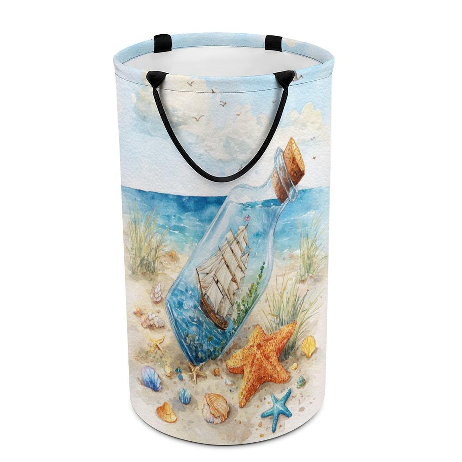LUYYSKY Funny Nautical Pirate Ship Collapsible Dirty Clothes Basket, Classic Oil Painting Seaside Animals Seagulls Starfish Shells Portable Clothes Storage Laundry Basket-40 CM Dia, 69 CM High