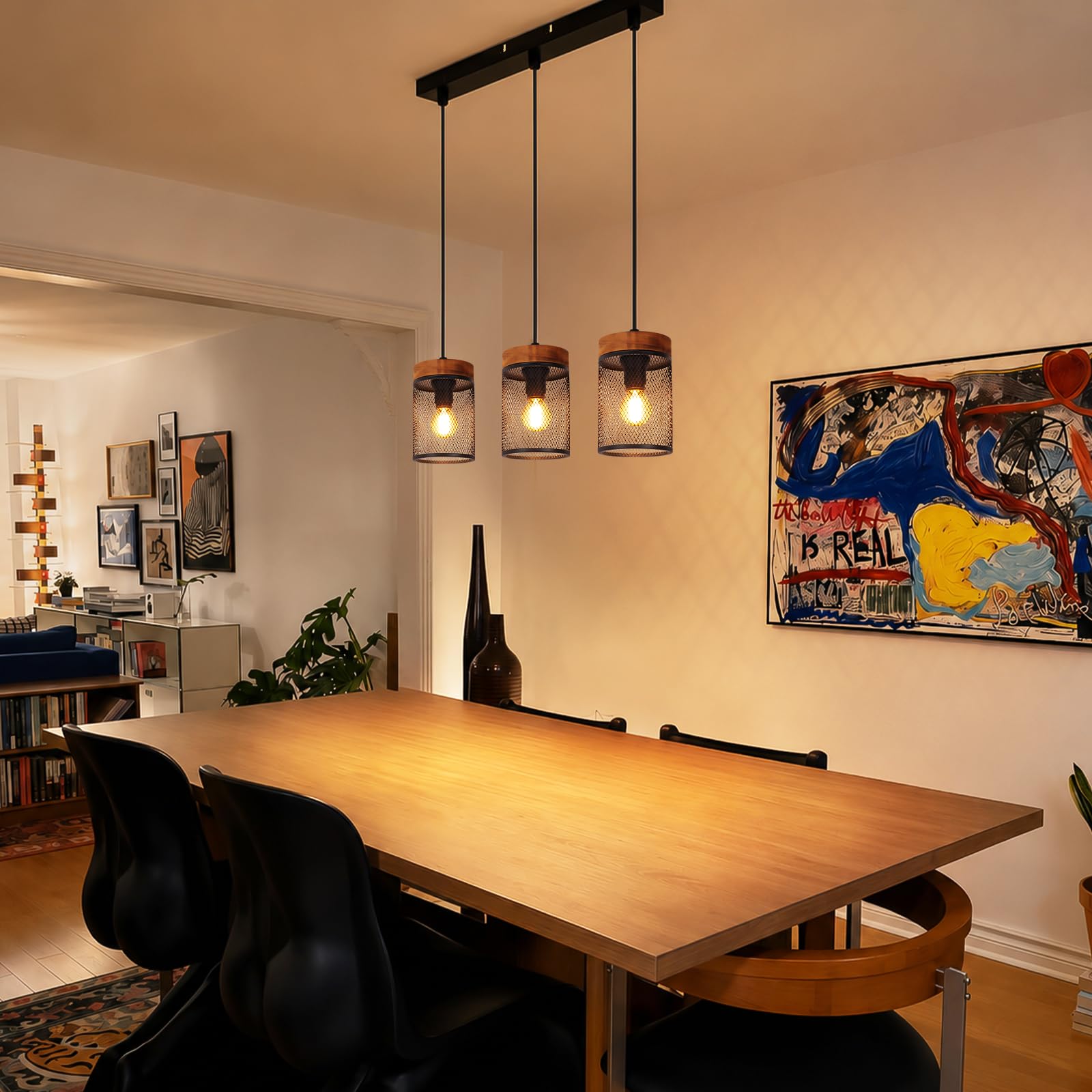 ZMH Lámpara colgante de comedor de madera negra lámpara colgante vintage | de 3 bombillas E14, estilo industrial, lámpara de comedor, lámpara colgante retro para salón - bombillas no incluidas
