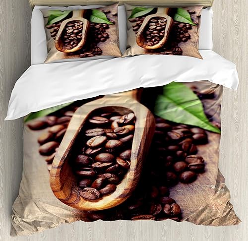 Juego de funda de edredón de café frijoles de Por Ambesonne, en la vieja mesa bebida de la mañana Despertar rústico tema hojas frijoles, decorativo