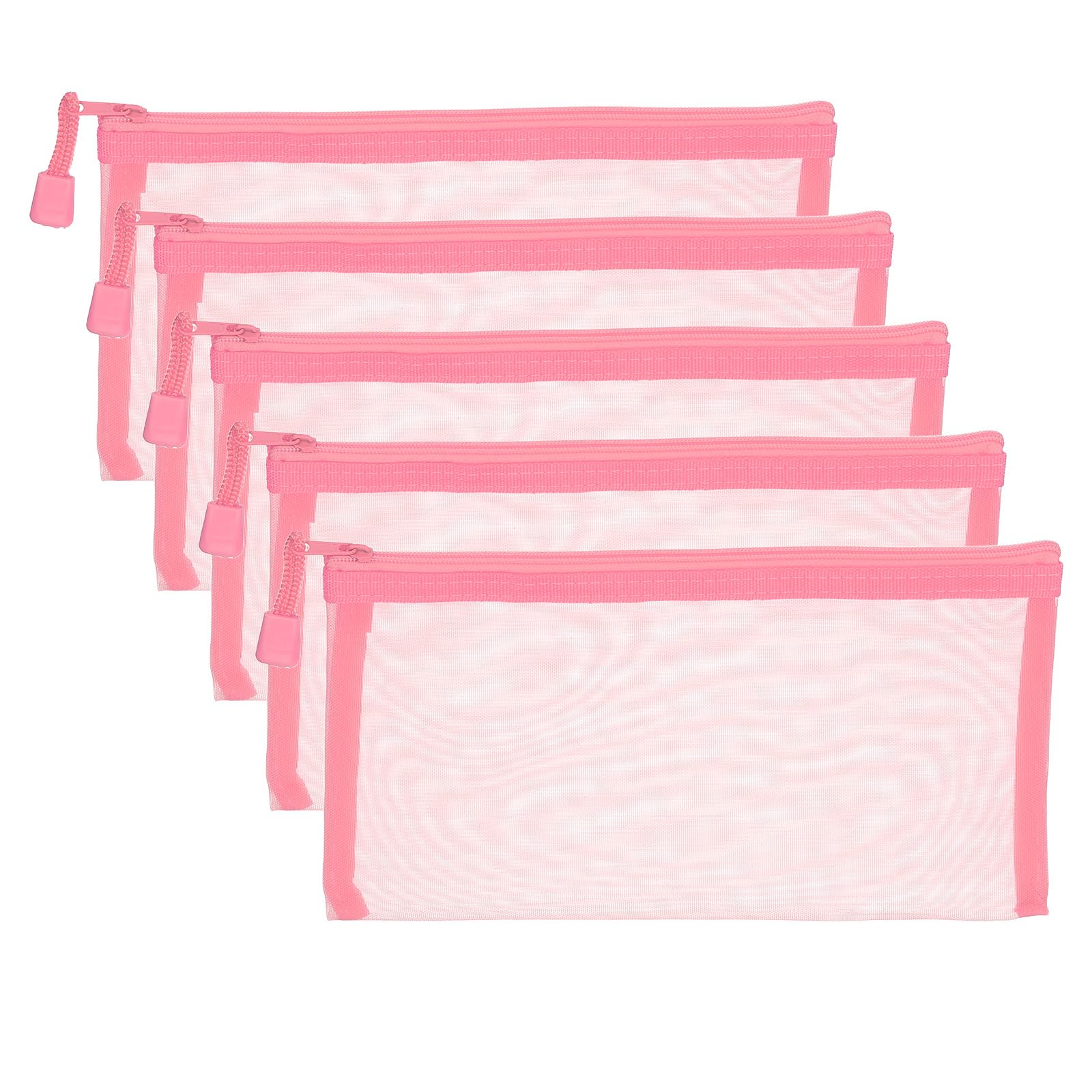 PATIKIL B6 Mesh Zipper Pouch Bags, 5 PCS Mesh Bags with Zipper Plastic Storage Pocket for Organizing File Beads Office Home Supplies, 11.5x23cm, Pink