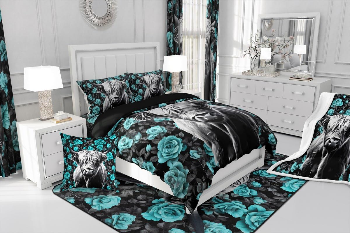 Erosebridal Highland Cow King Comforter Set,Teal Black Rose Flower Bedding Set for Kids Adults,Western Style Farmhouse Duvet Insert,Longhorn Bull Farm Bedroom Decor,2 Pillowcases
