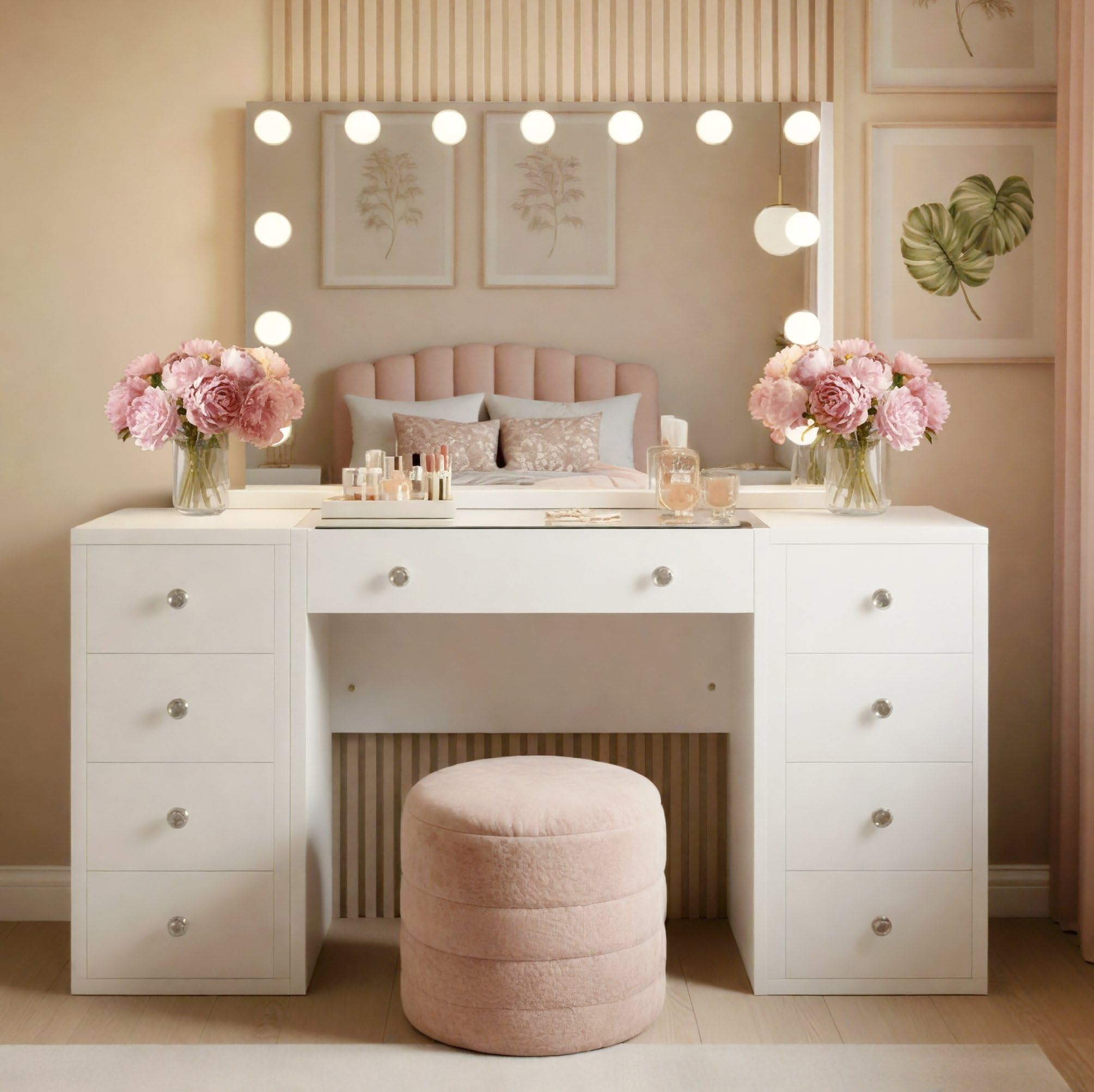 CLP Tocador Tiline con Espejo Hollywood I Tocador con Iluminación LED y 9 Cajones, Tapa de Cristal y Puerto USB, Color: Blanco