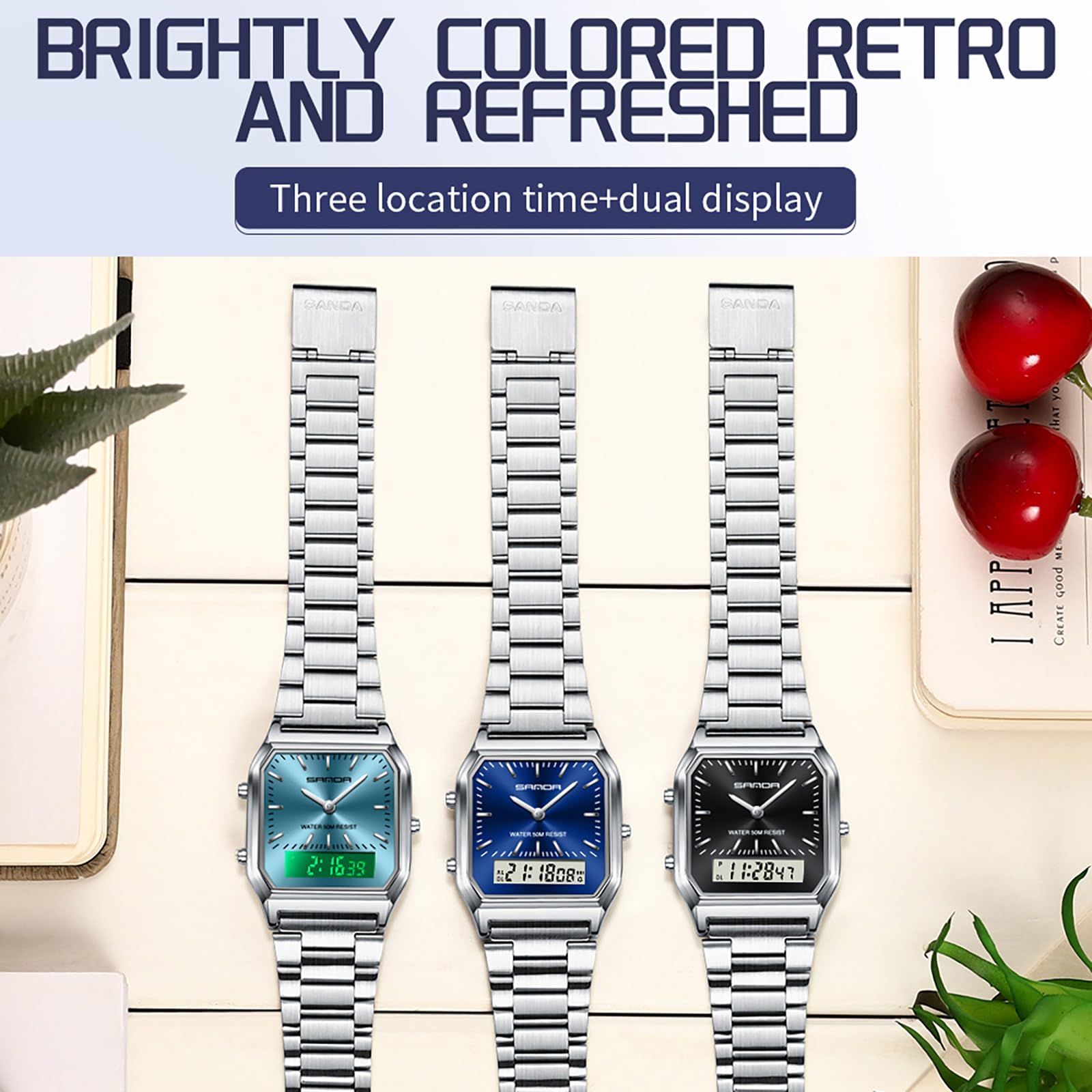 findtime Orologio da polso unisex, stile retrò, classico, quadrato, cinturino in acciaio inox, analogico, digitale, 5 ATM, impermeabile a LED, data, giorno della settimana, tre fusi orari, orologio di