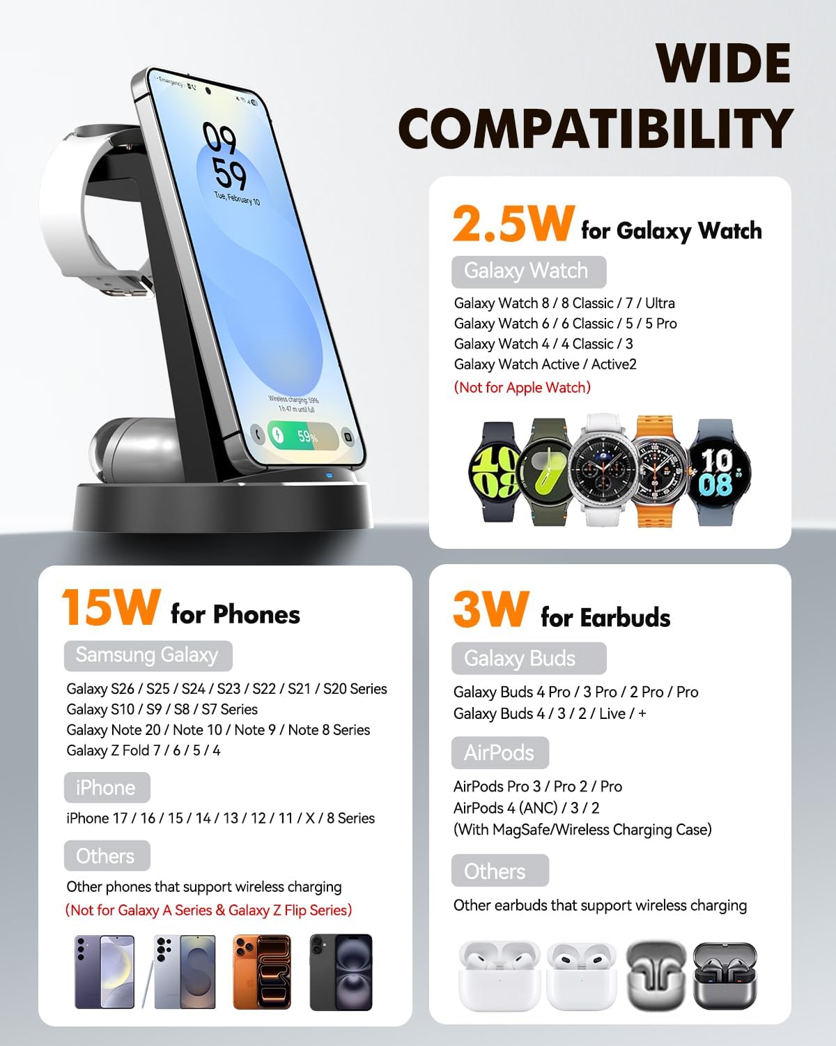 Wireless Charger for Samsung: 3 in 1 Charging Station for Samsung S26/S25/S24/S23/S22/S21, Note 20/10, Z Fold 6/5, Galaxy Buds 4/3/2 Pro, Galaxy Watch Ultra/8/7/6/5-Android & iPhone 15W Charging Dock - Image 3