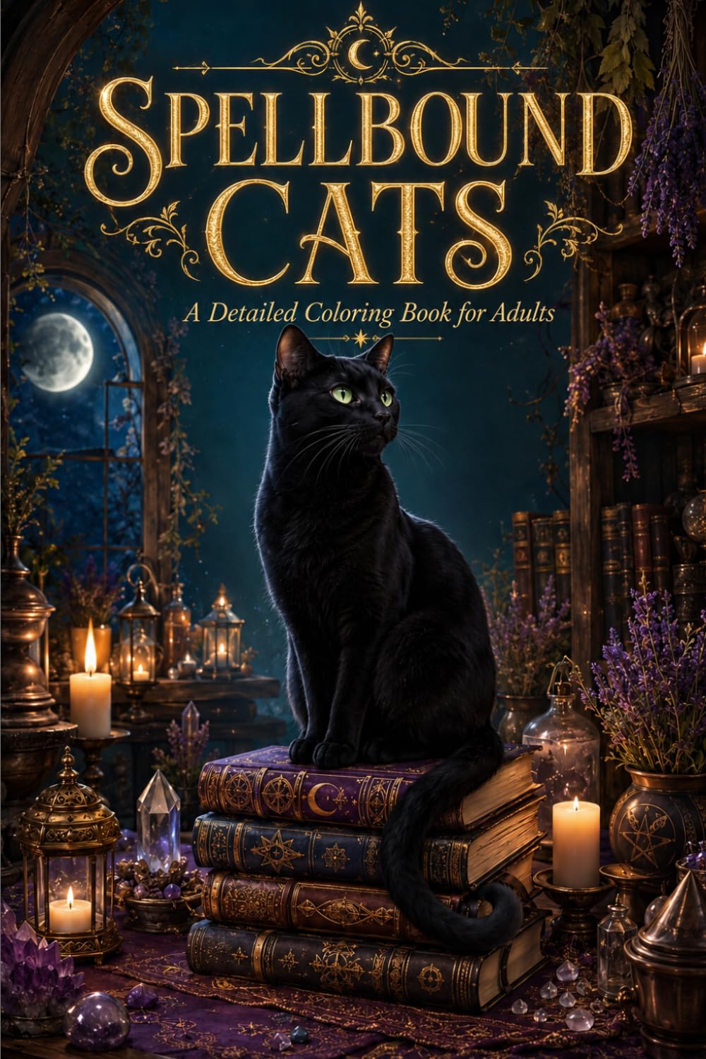 Spellbound Cats: A Detailed Coloring Book of Witch Cats, Spell Books, Moons & Cottage Magic for Adults