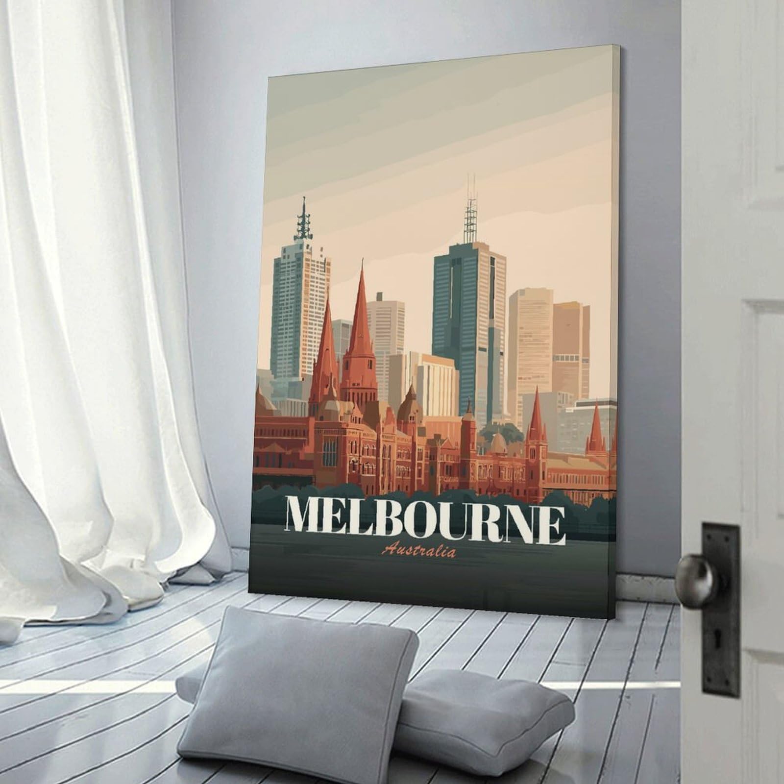 Junmoney Wall Picture Print Melbourne Skyline Vintage, 24x36inch(60x90cm), for Living Room, Lounge Or Sitting Room, Modern Wall Decor for Cosy Interiors