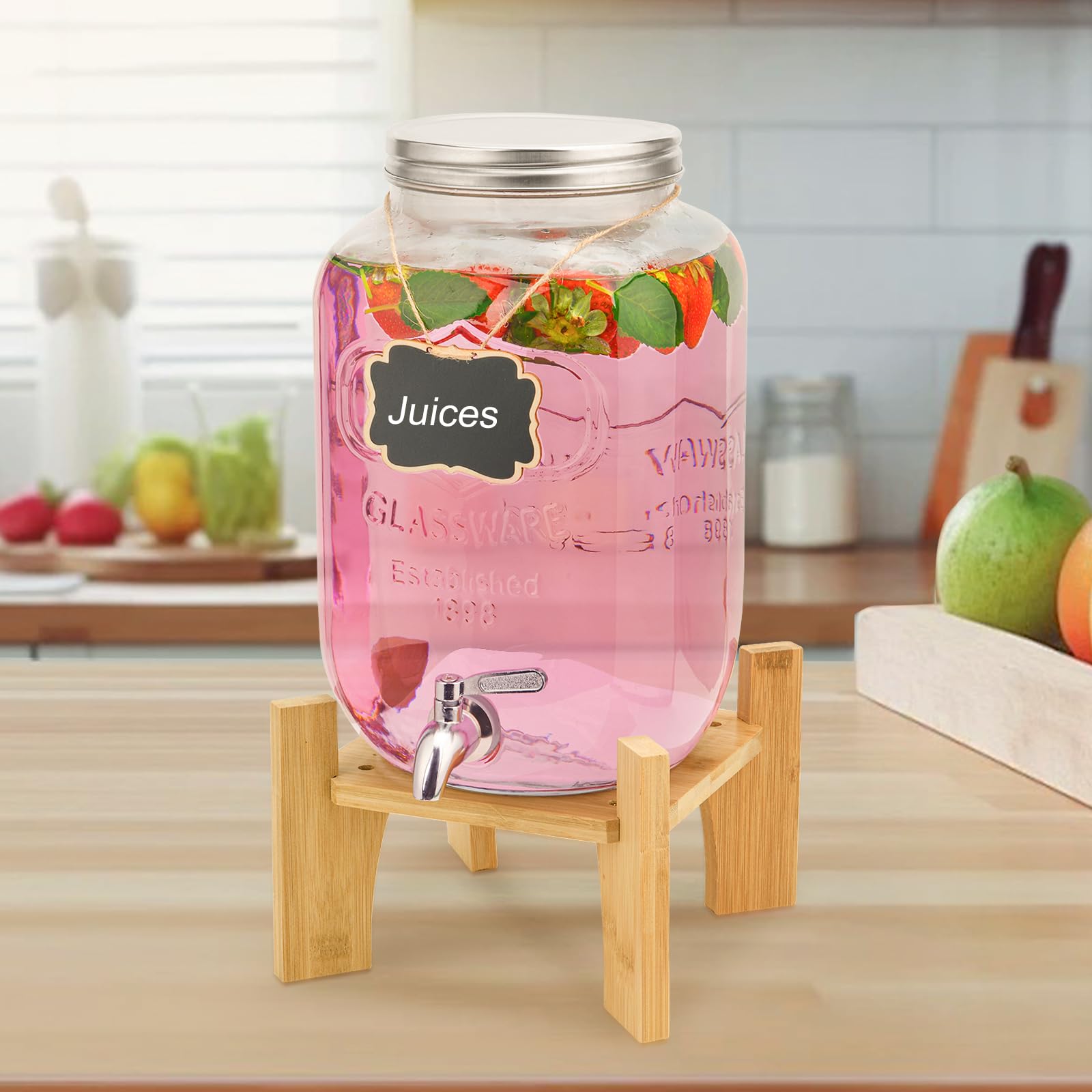 Dispensador de bebida de vidrio de 8 litros con grifo inoxidable, ideal para fiestas, con soporte de bambú, jarra de agua con grifo, perfecta