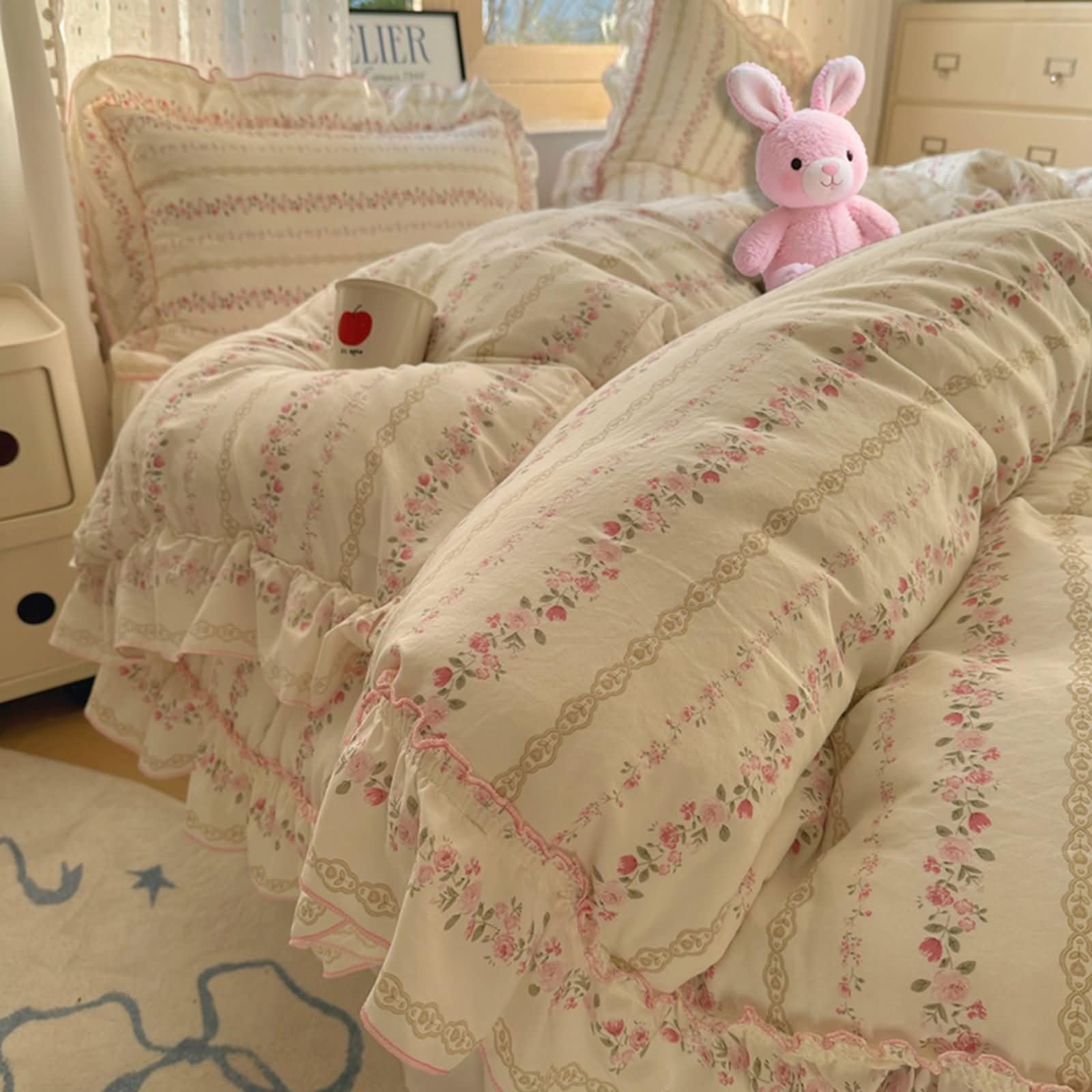 Gualiy Zestawy poszewek na kołdrę 4-częściowe, poliester kwiat z koronką zestaw pościeli super king, zawiera 1 poszewkę na kołdrę 180 x 220 cm z zamkiem błyskawicznym, 2 poszewki na poduszki, 1