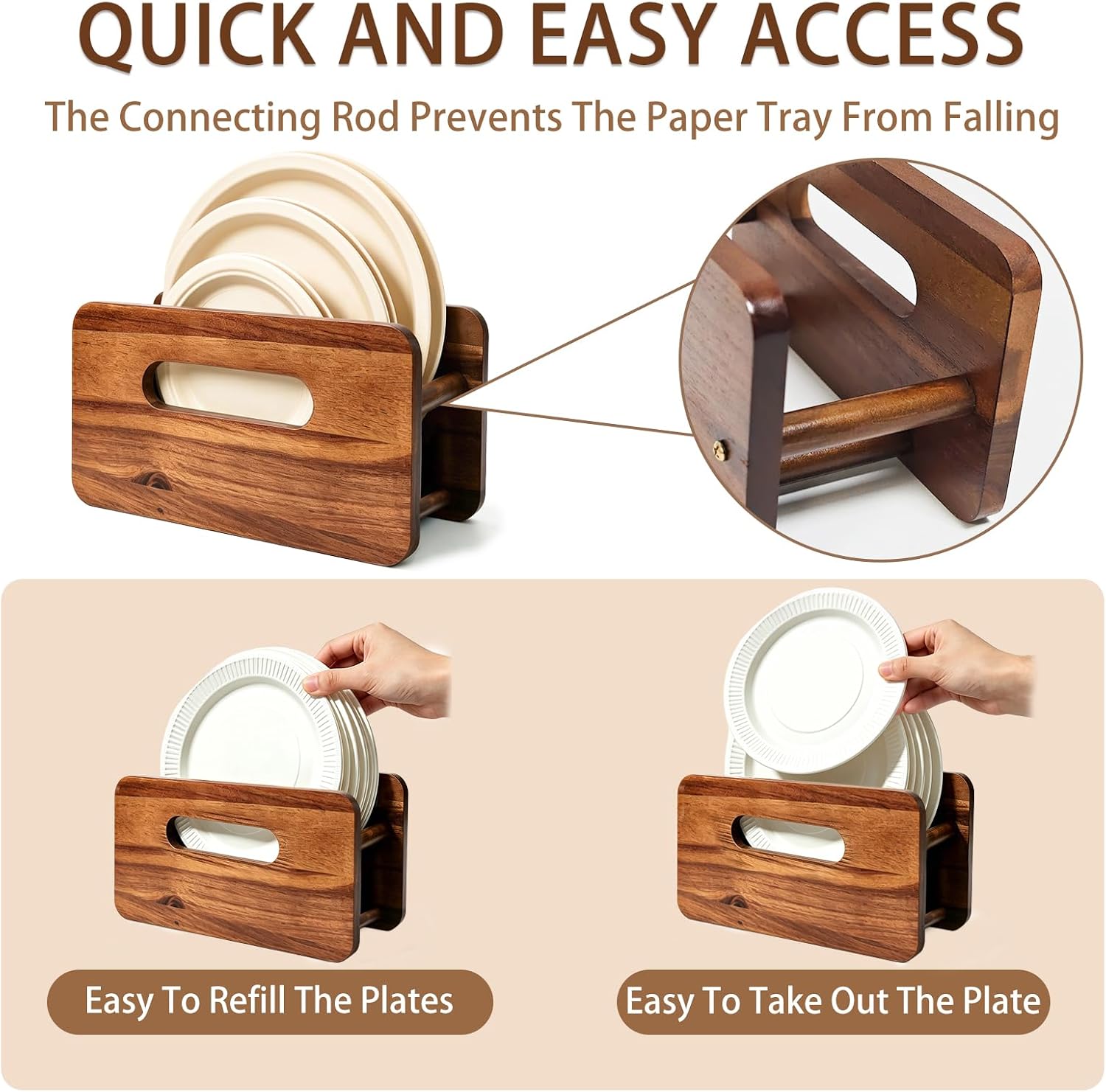 Paper Plate Organizer, Wood Plate Dispenser for 7-12 Inches Plates