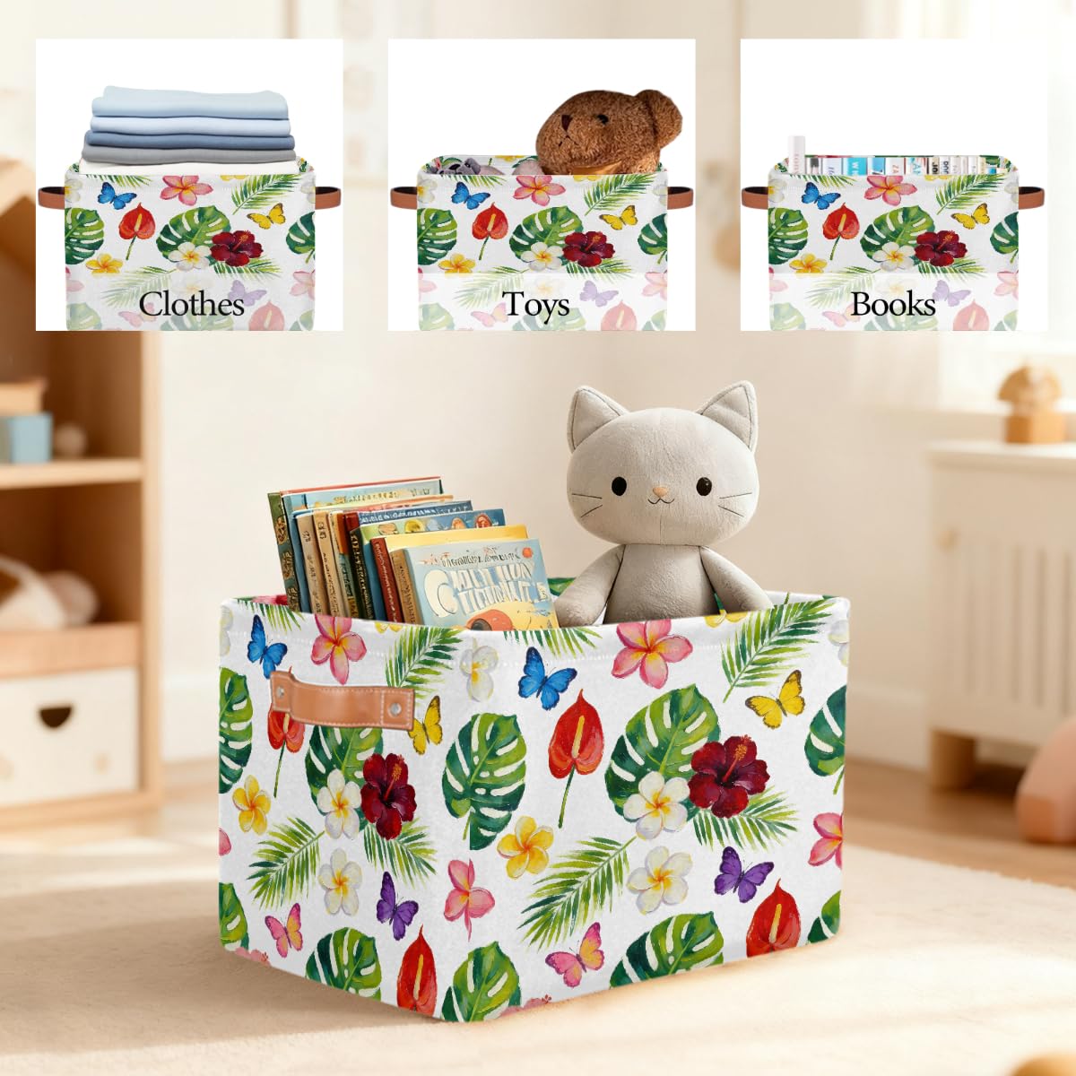 Rechteckiger Aufbewahrungskorb mit tropischen Blumen und Blättern und Schmetterlingen und Ledergriffen, faltbarer Stoff-Aufbewahrungskorb für Schrank, Badezimmer, Wohnzimmer, Büro, Spielzeug