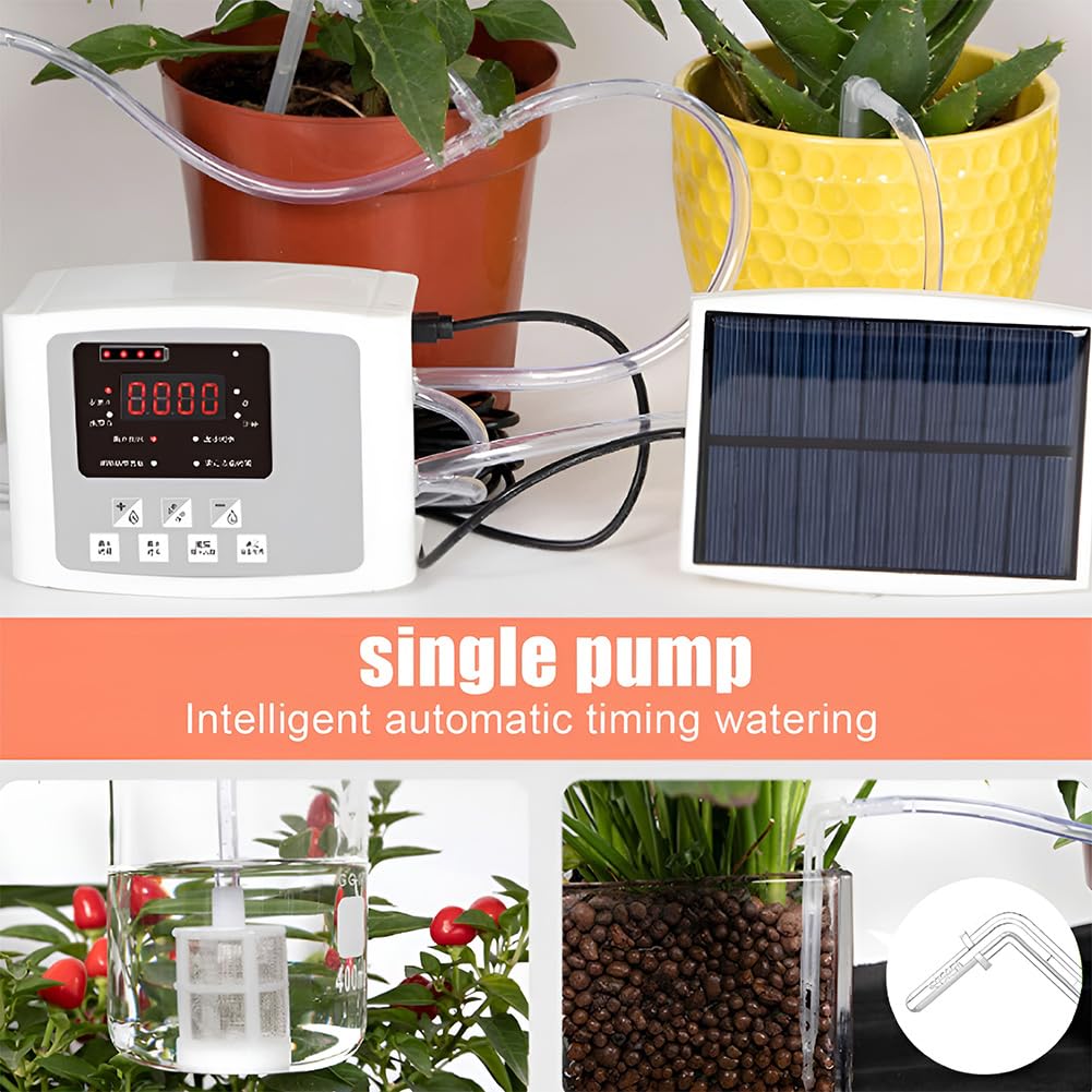 Sistema di irrigazione da giardino, Irrigatore automatico per piante fai-da-te, Kit di irrigazione a goccia automatico con timer per tubo ad energia solare, Pompa per irrigazione a goccia per piante