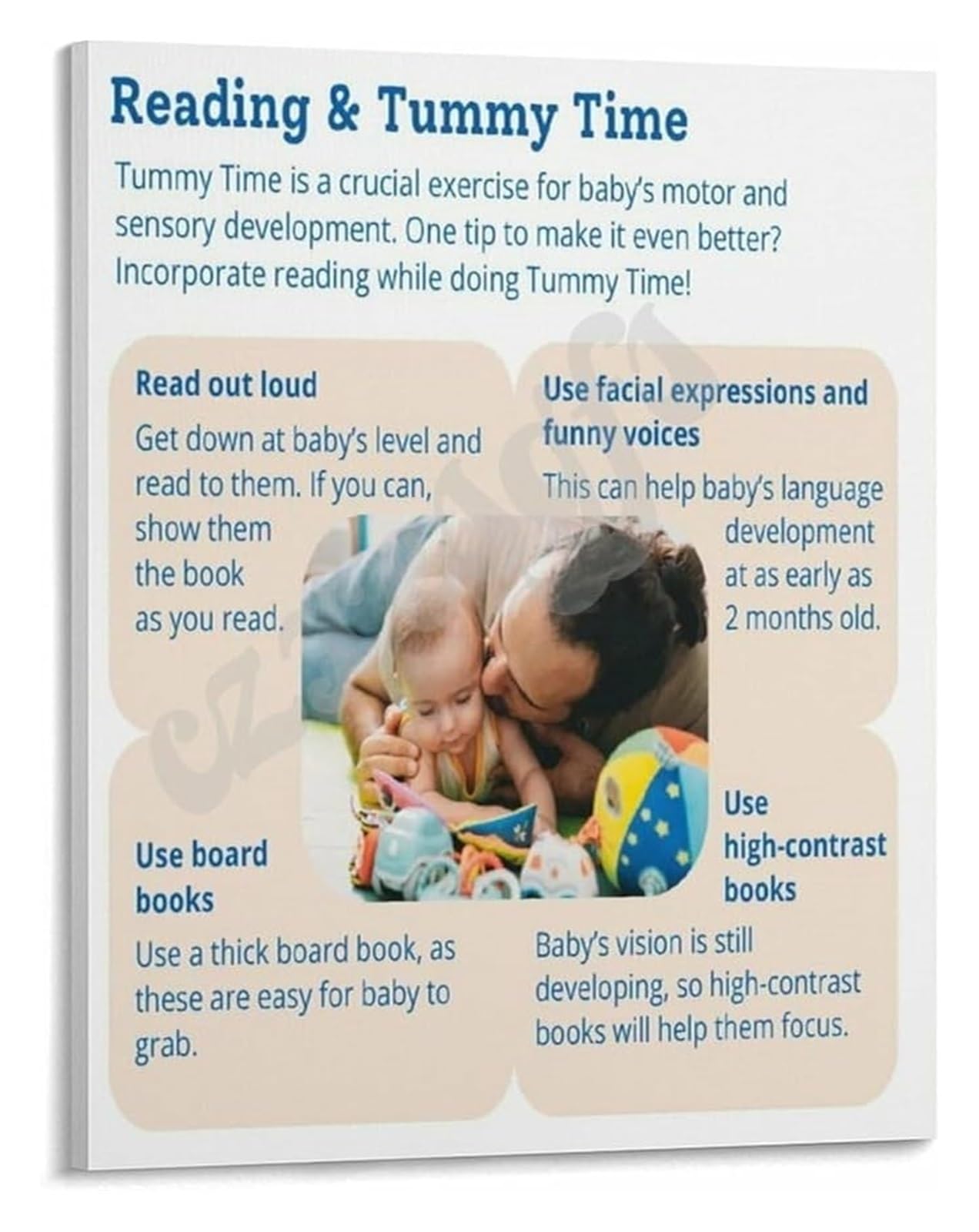 RNUMLIGH Infant Activities Poster Reading and Tummy Time for Early Development Canvas Wall-Art for Nursery or Playroom Decor Educational Parenting Print(Framed,16x24inch(40x60cm))