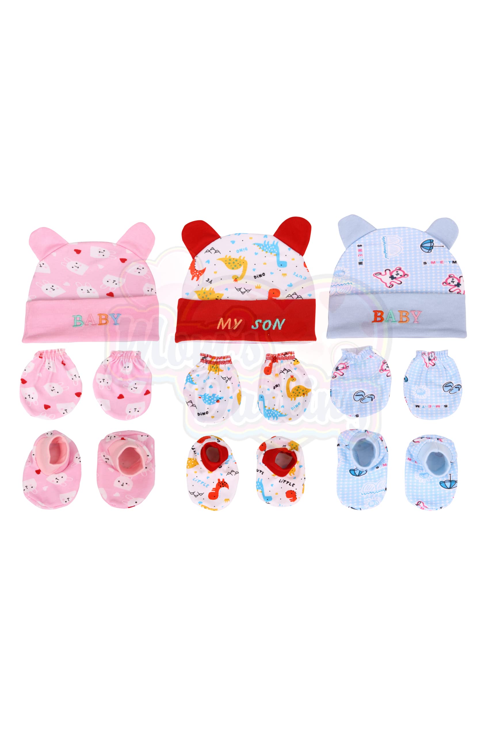 MOM'S DARLINGMom's Darling Cotton Cap, Mittens and Booties for New Born (0-6 Months) - Multicolor, Pack of 3 Pairs | For Baby Boy & Girl |