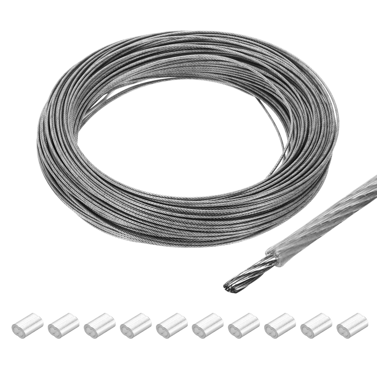 QUARKZMAN Drahtseil Edelstahl 50M x 1,2 mm Stahlseil PVC ummantelt mit 10 Aluminiumhülsen Sicherungsdraht Aufhänger für Bilder Vorhang Geländer Outdoor Gartenmöbel Sonnensegel, Transparent