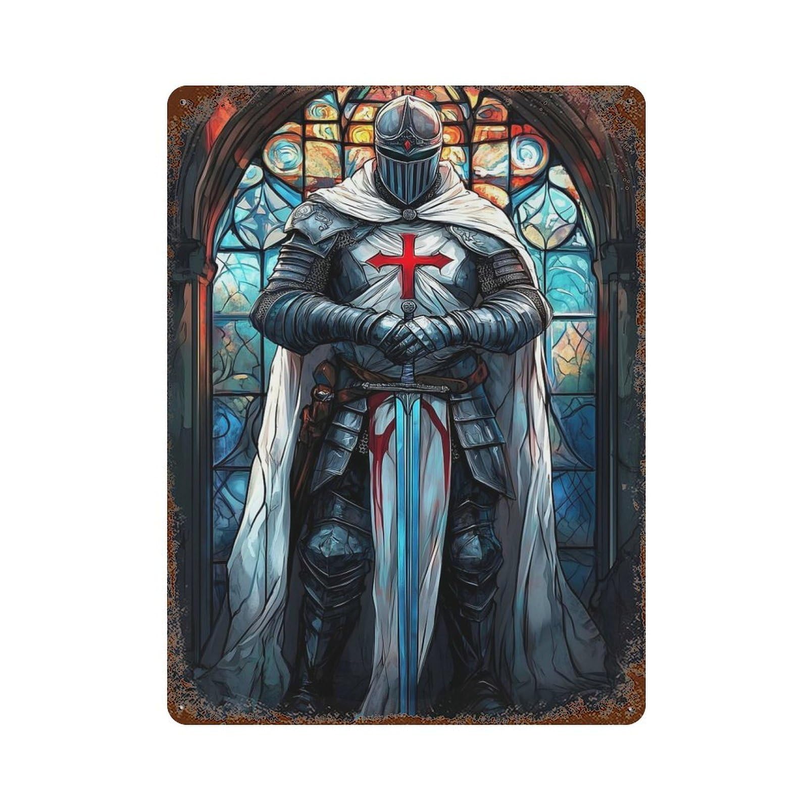Templar Knights Vigil Rusty Metal Tin Sign 15.7"x11.8", Ideal for Patio, Garden Room And Bar Decor