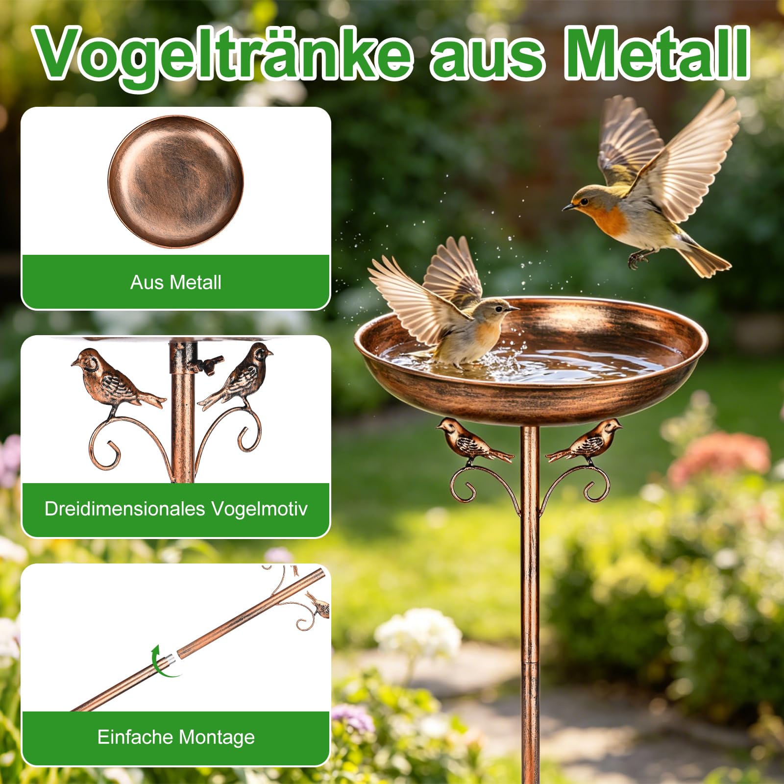 Vogeltränke Stehend,Vogelbad für Draußen Garten,Vogeltränke Metall Vintage mit Stabiler 5-Zinken-Basis,Vogeltränkes Winterfest Futter Wasserschale
