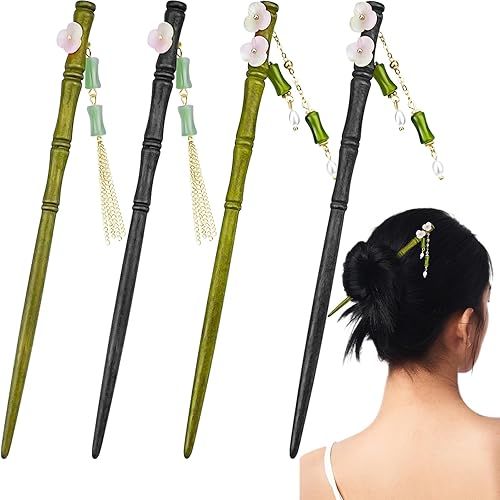4 palillos de madera con forma de bambú, palillos chinos japoneses, decorativos, retro, vintage, Hanfu clásico, tenedores para moño, para mujeres