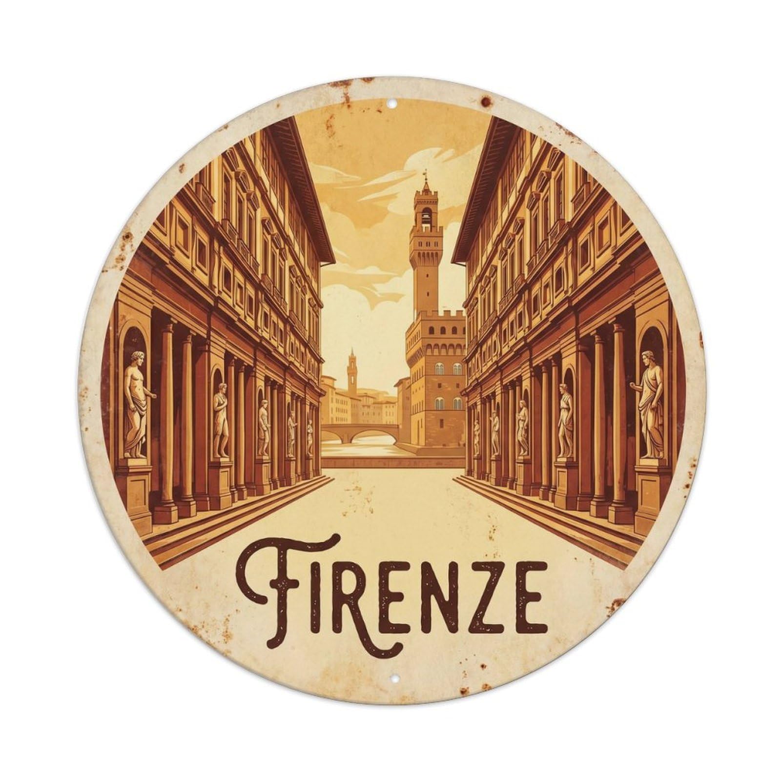 Vintage Travel Florence Uffizi Gallery 1 Metal Tin Sign Plaque Wall Decor for Cafe, Club Bar, Office, Home Garden Round Metal Poster 8x8Inch