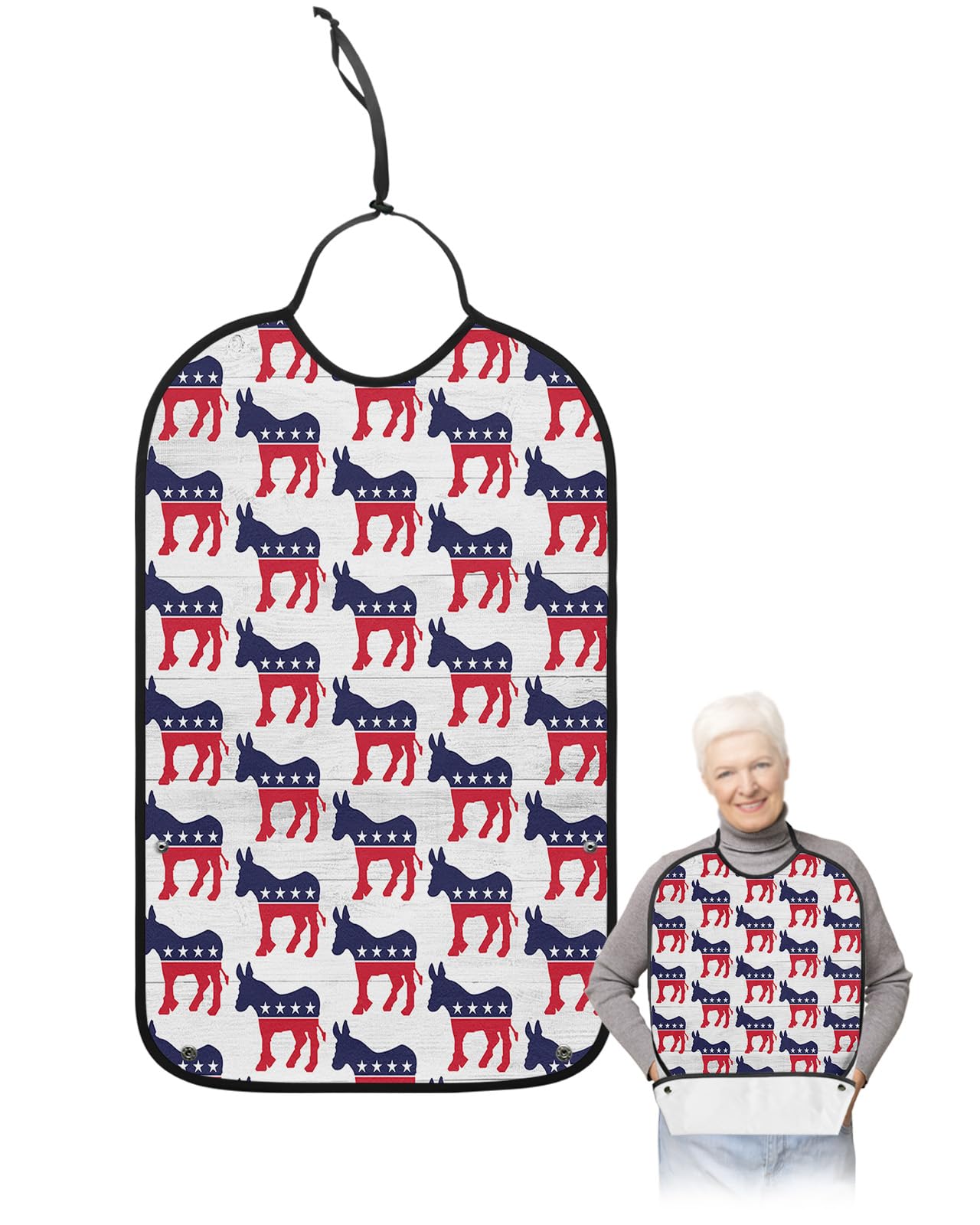 Kewadony Adult Bibs for Elderly Women - American Flag Star Donkey Waterproof Dining Clothing Protectors with Crumb Catcher for Eating/Feeding, Red Blue Funny Animal Terry Cloth Bib Machine Washable