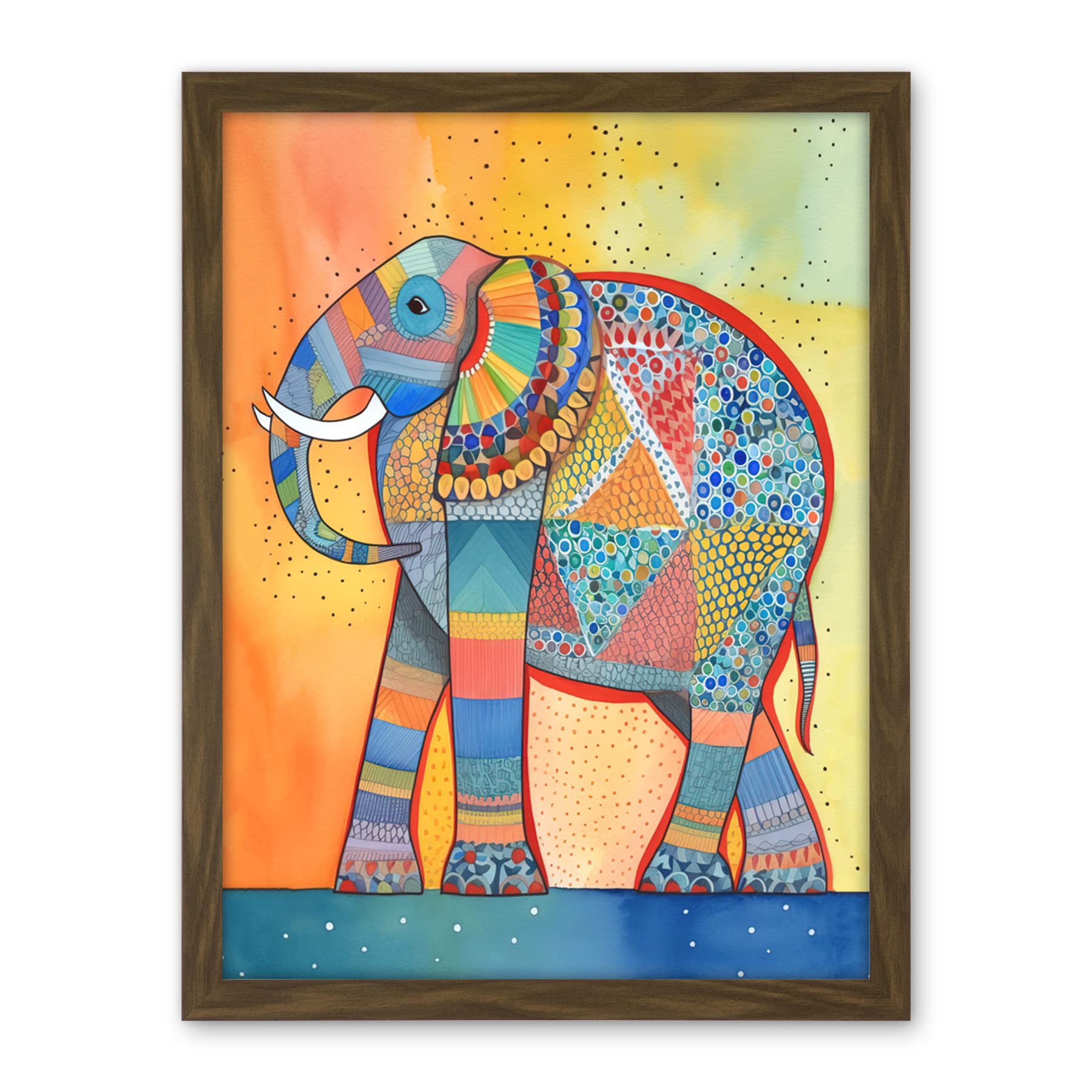 Artery8 Elephant With Geometric Patterns Folk Art Watercolour Painting Artwork Framed Wall Art Print 18X24 Inch