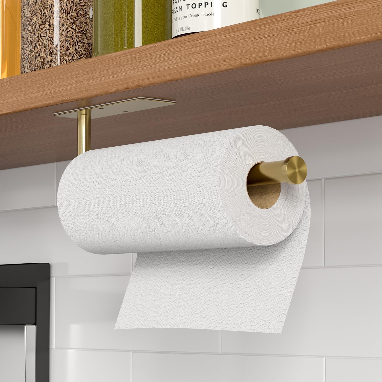 CHIKESI Paper Towel Holder Under Cabinet, Self-Adhesive,No Drilling, Stainless Steel, Wall-Mounted for Kitchen and Bathroom, Easy Install, Durable, Space-Saving, Ideal for Home, RV (Gold, 1 Pack)