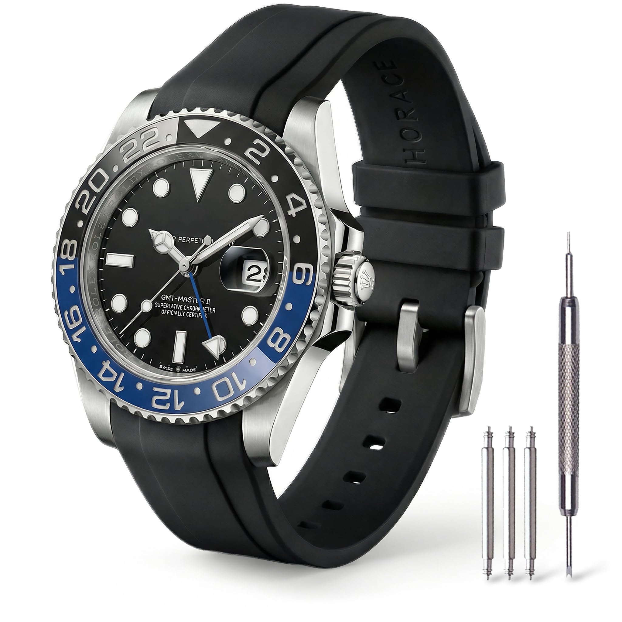HORACE Correa de Reloj 20 mm en Caucho FKM Premium – Flexible, Impermeable y Duradera – Compatible con Rolex GMT Master 40mm